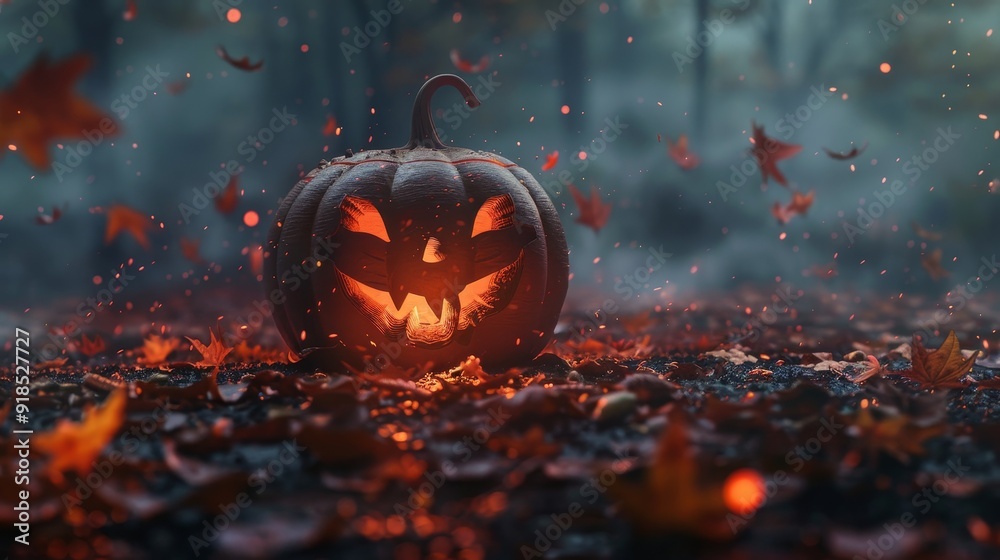 A carved pumpkin with a menacing grin sits in a dark forest, surrounded by fallen leaves. The pumpkin's glowing eyes and teeth create a sense of mystery and fear, while the falling leaves suggest the A carved pumpkin with a menacing grin sits in a dark forest, surrounded by fallen leaves. The pumpkin's glowing eyes and teeth create a sense of mystery and fear, while the falling leaves suggest the