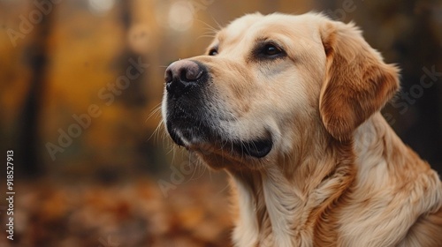  A clear picture of a dog's face surrounded by leafy foliage and out-of-focus trees in the background