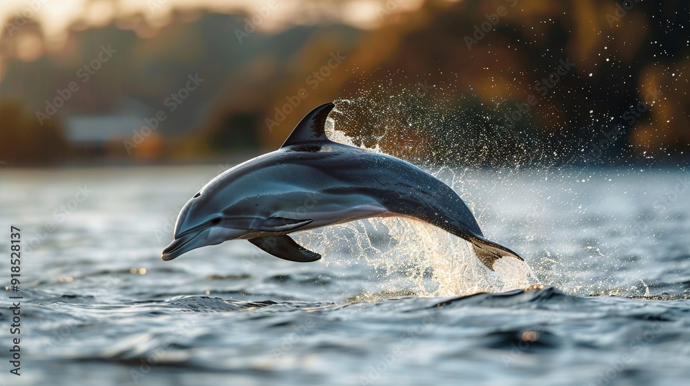 Obraz premium A dolphin leaps from the water with its mouth wide and head lifted high