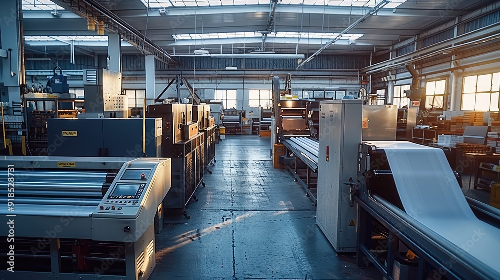 Fototapeta premium A modern small printing company taken from an elevated position. an offset printing machine, a digital printing machine, a large format printing machine, and a finishing machine. Generative AI.