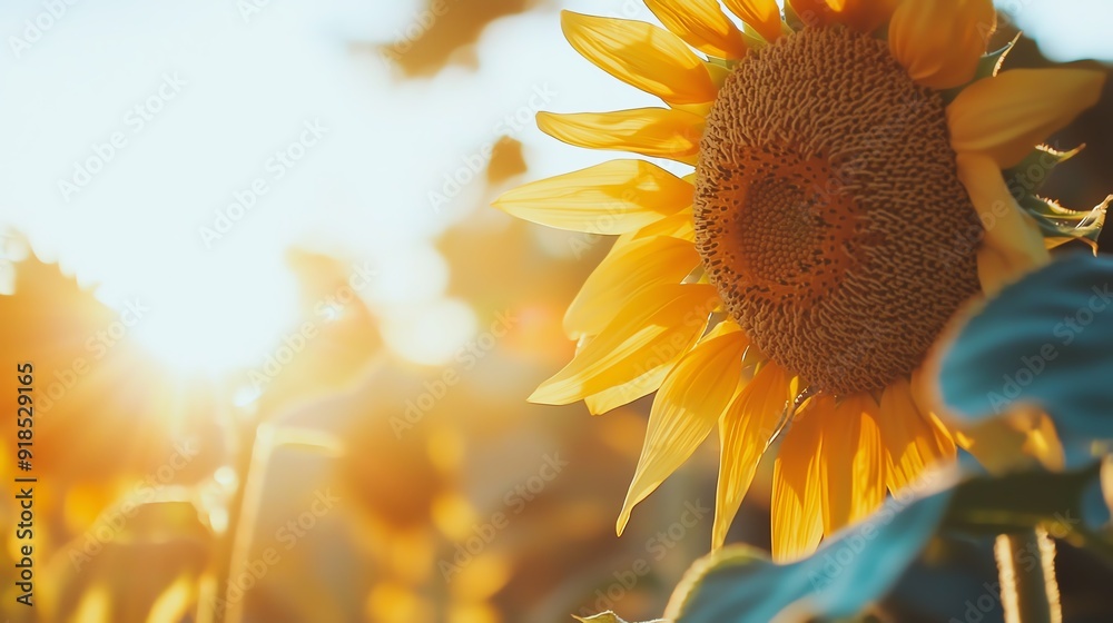 Naklejka premium Close-up of a vibrant sunflower basking in sunlight, showcasing its detailed petals and rich yellow color against a soft background.