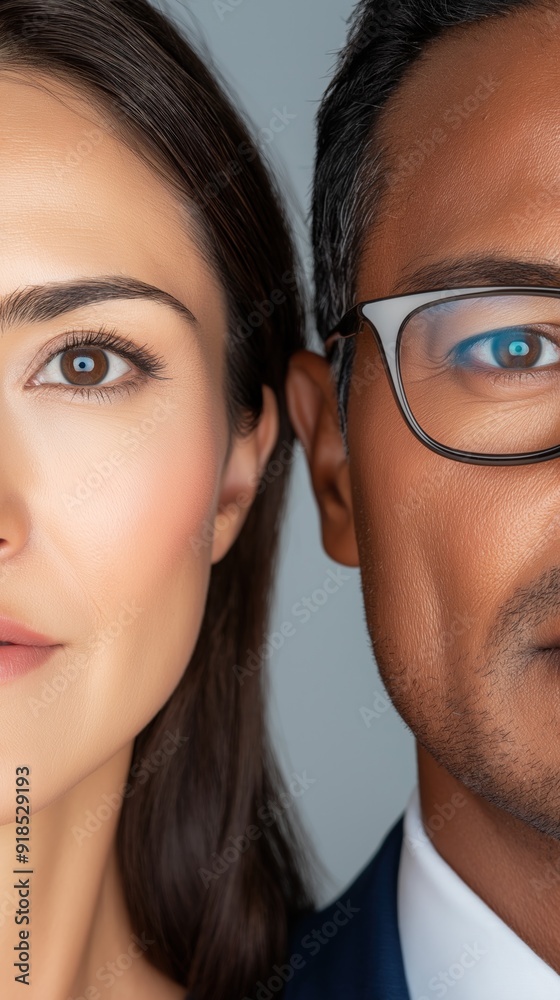 Two people from diverse backgrounds express unity and connection through their gaze Two people from diverse backgrounds express unity and connection through their gaze