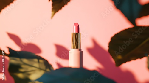 Close-up of a pink lipstick tube surrounded by green leaves against a soft pink background, showcasing beauty and elegance. photo