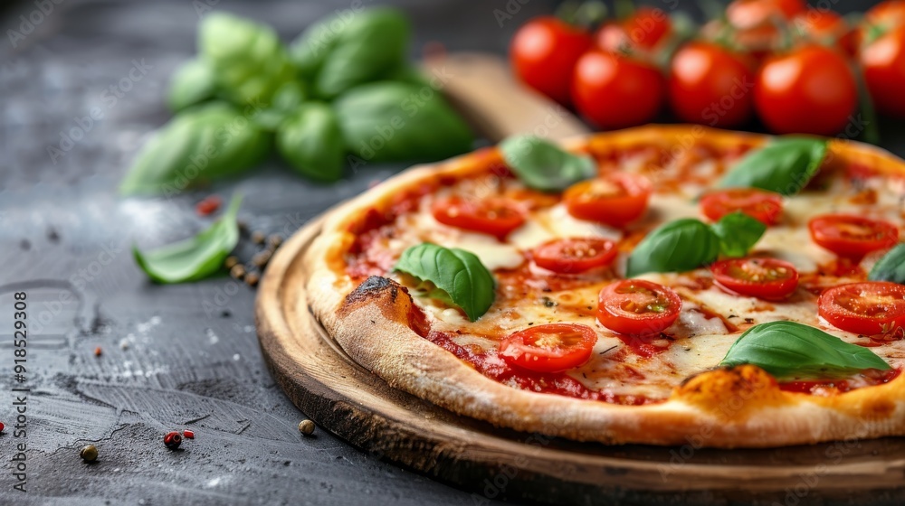 Fresh Margherita Pizza With Basil and Cherry Tomatoes on Wooden Table in Cozy Kitchen Fresh Margherita Pizza With Basil and Cherry Tomatoes on Wooden Table in Cozy Kitchen