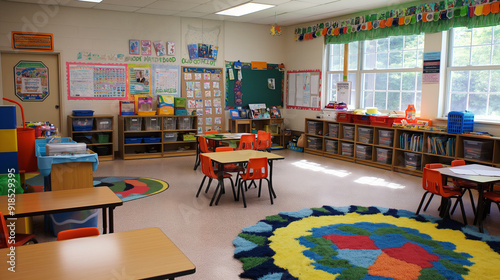 Classroom Learning Centers: Different centers for subjects like reading, math, and art, classroom, with copy space