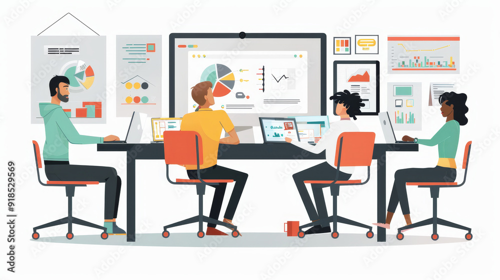 A diverse team of four professionals collaborates around a table, analyzing data on a whiteboard and laptops. The scene signifies teamwork, data analysis, strategy, and progress. A diverse team of four professionals collaborates around a table, analyzing data on a whiteboard and laptops. The scene signifies teamwork, data analysis, strategy, and progress.