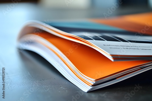 Close-up of a vibrant magazine showcasing colorful pages on a wooden surface.