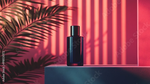 Stylish dark bottle on a shelf with vibrant lighting and shadows, showcasing modern design and elegance. photo