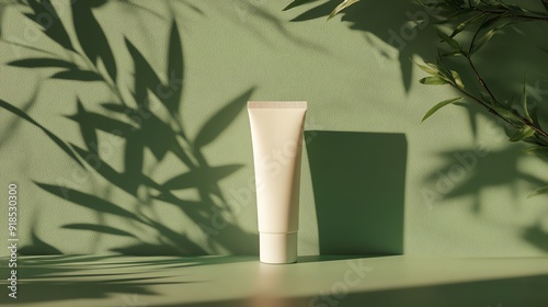 Stylish skincare tube casting a soft shadow against a green background, surrounded by natural elements for a fresh aesthetic.