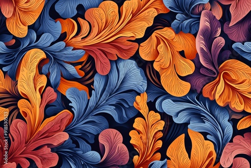 Vibrant floral design featuring intricate patterns in blue, orange, and purple hues, perfect for creative projects.