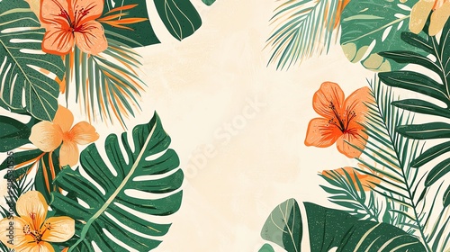 Vibrant floral design featuring tropical leaves and flowers, perfect for backgrounds or summer-themed projects.