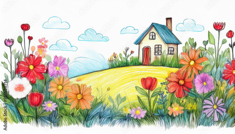 Fototapeta premium Colorful childish pencil drawing of house in field of flowers. Hand drawn landscape.