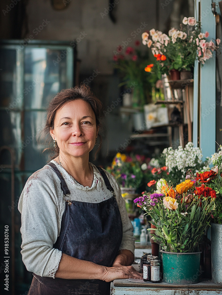Florist in apron arranging flowers Florist in apron arranging flowers