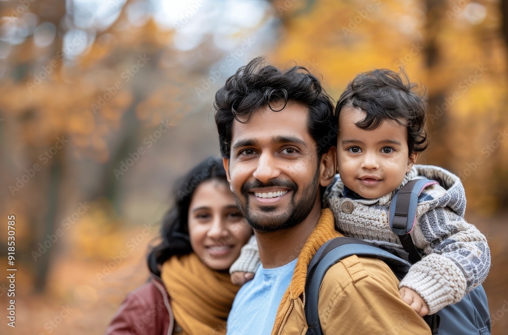 Family Enjoying Autumn Hike in Forest With Child on Father's Back Family Enjoying Autumn Hike in Forest With Child on Father's Back