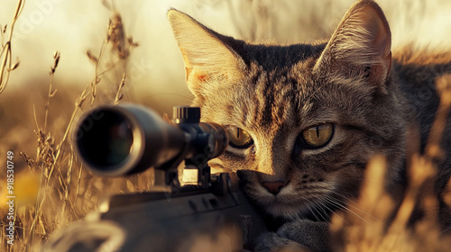 Obraz na płótnie Cat aiming through rifle scope