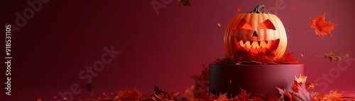 A lit jack-o'-lantern with a carved spooky face sits on a red platform surrounded by autumn leaves, creating a festive and spooky Halloween atmosphere. The red background adds to the dramatic and eeri photo