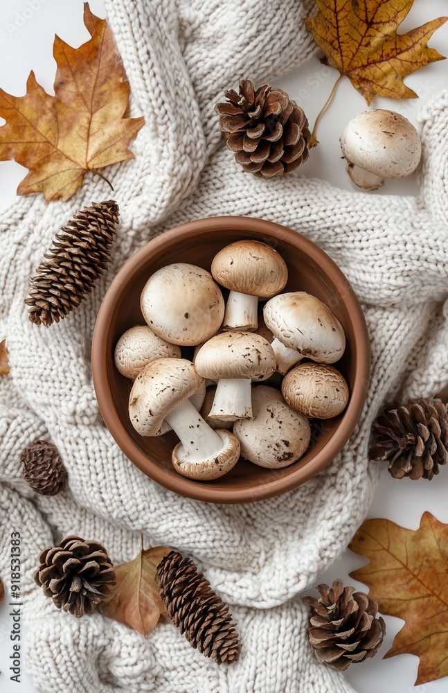 Mushrooms in a rustic bowl, surrounded by fallen leaves and pine cones, symbolizing autumn Mushrooms in a rustic bowl, surrounded by fallen leaves and pine cones, symbolizing autumn