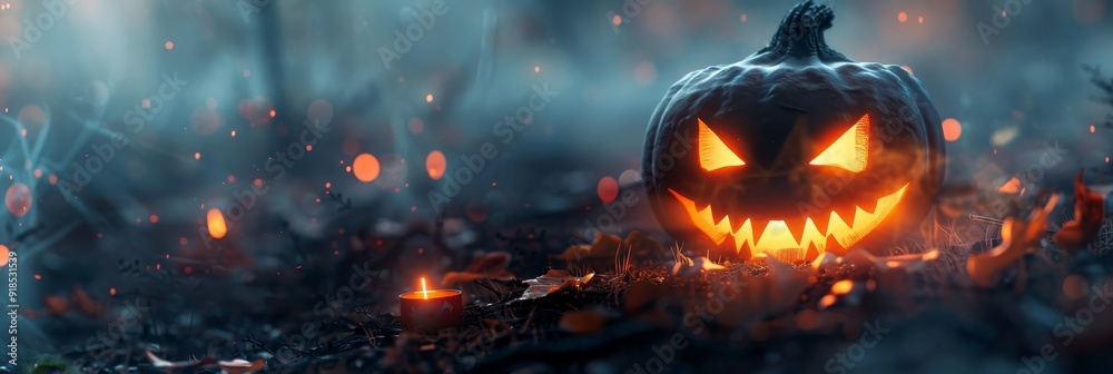 Naklejka premium A menacing jack-o'-lantern with glowing eyes and a wide grin sits in a dark forest, surrounded by glowing embers and smoke, symbolizing Halloween, darkness, fright, the supernatural, and fall.