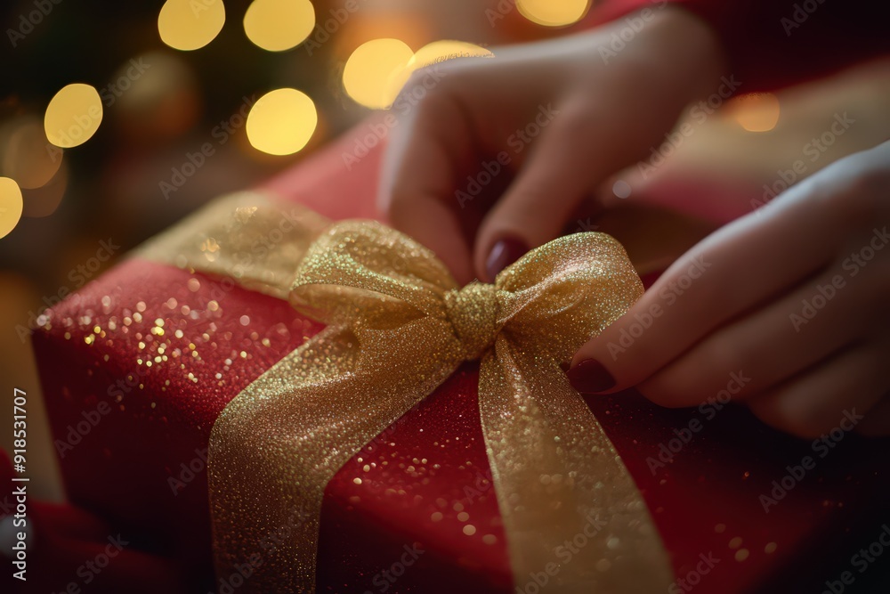 Close-up of hands tying a gold ribbon on a Christmas gift with festive lights Close-up of hands tying a gold ribbon on a Christmas gift with festive lights
