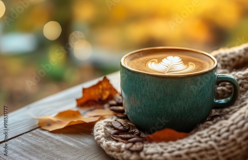 A steaming coffee cup on a rustic wooden table, surrounded by fallen autumn leaves.