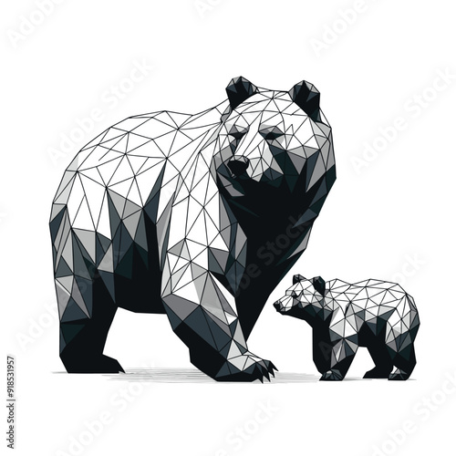 Low poly bear and cub vector, black and white sleek design, nature artwork for modern decor