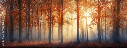 Autumn Forest Landscape With Misty Background and Golden Leaves at Dawn