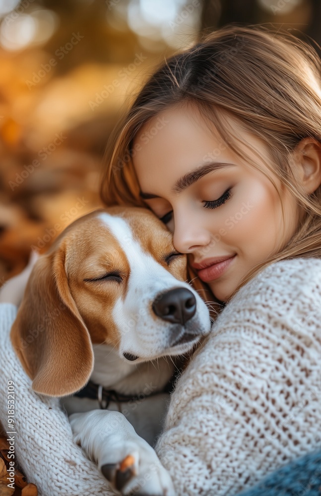 Young woman in a white sweater cuddling a beagle on a blue blanket, surrounded by autumn leaves Young woman in a white sweater cuddling a beagle on a blue blanket, surrounded by autumn leaves