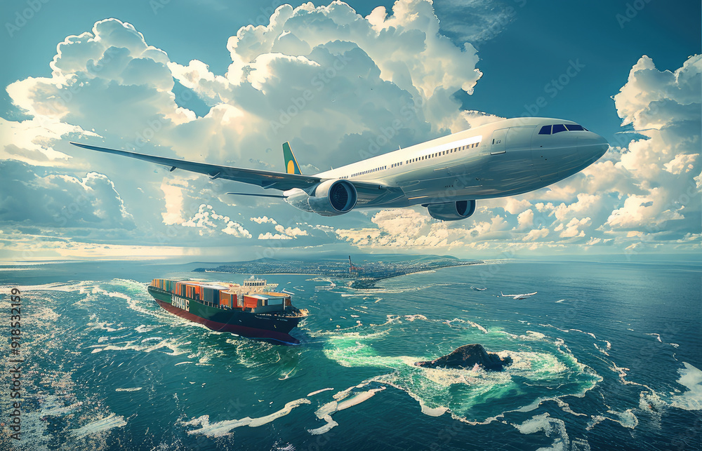 Air freight with green livery, sea cargo ship in green color in a seascape, an airplane flying above. Generative AI. Air freight with green livery, sea cargo ship in green color in a seascape, an airplane flying above. Generative AI.