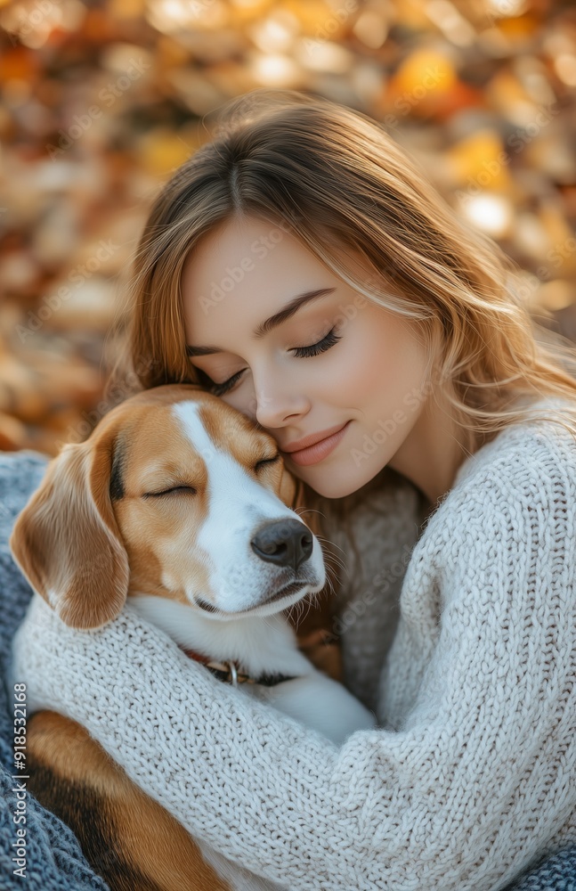 Young woman in a white sweater cuddling a beagle on a blue blanket, surrounded by autumn leaves Young woman in a white sweater cuddling a beagle on a blue blanket, surrounded by autumn leaves
