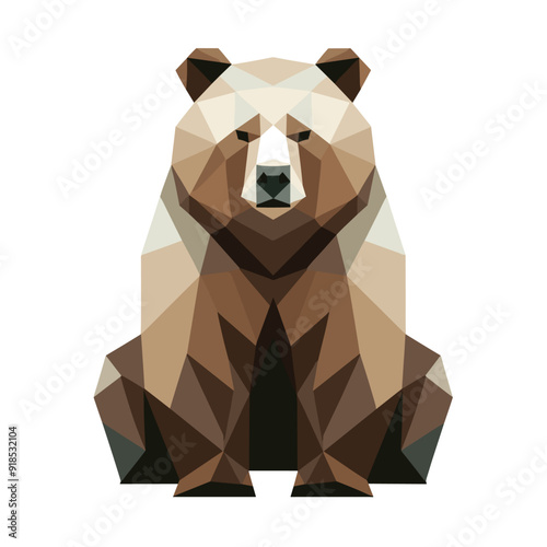 Low poly bear front view geometric art style, brown shades, isolated on white background