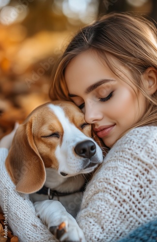 Young woman in a white sweater cuddling a beagle on a blue blanket, surrounded by autumn leaves