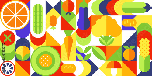 Colorful Bauhaus Fruit and Vegetable Pattern