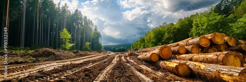 A pile of freshly cut logs sits on the forest floor, symbolizing the impact of deforestation on the environment. The dirt road leads towards a lush forest, highlighting the contrast between human acti photo