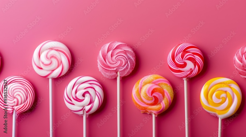 A row of colorful lollipops on a pink background, symbolizing sweetness, fun, childhood, happiness, and celebration. A row of colorful lollipops on a pink background, symbolizing sweetness, fun, childhood, happiness, and celebration.
