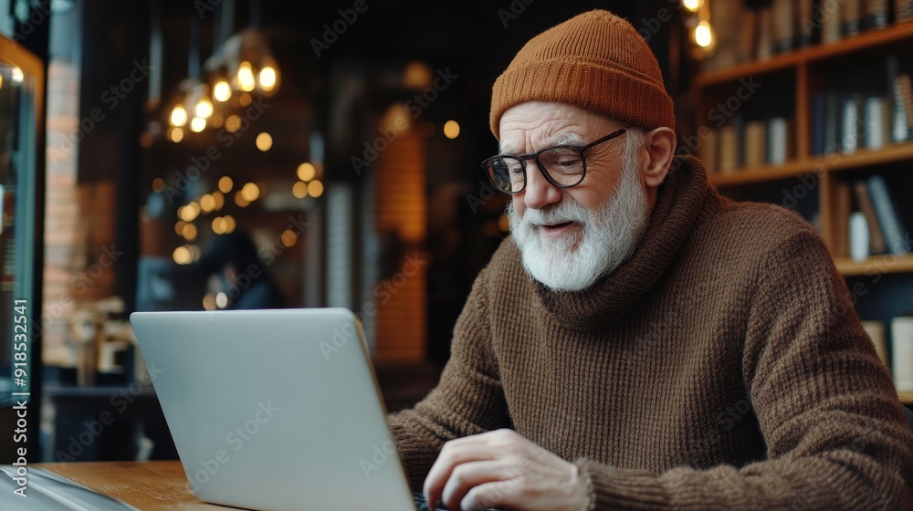 Eldery senior man working at laptop background Eldery senior man working at laptop background