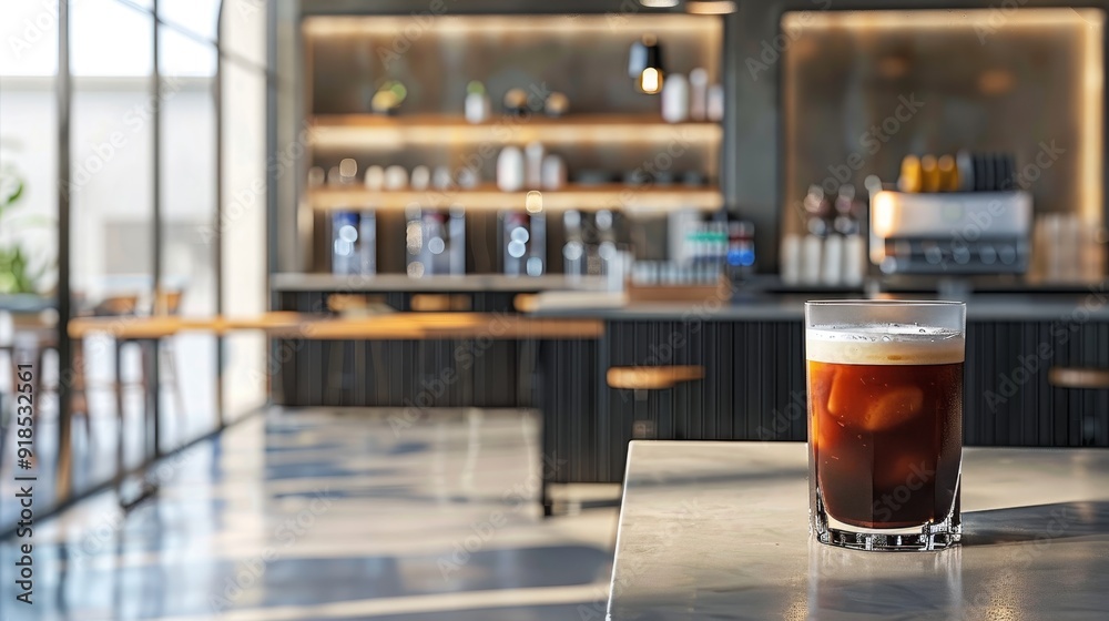 A refreshing iced coffee sits on a marble countertop in a modern cafe with a blurred background, symbolizing a cool drink, a trendy coffee shop, a moment of relaxation, a bustling city environment, a A refreshing iced coffee sits on a marble countertop in a modern cafe with a blurred background, symbolizing a cool drink, a trendy coffee shop, a moment of relaxation, a bustling city environment, a