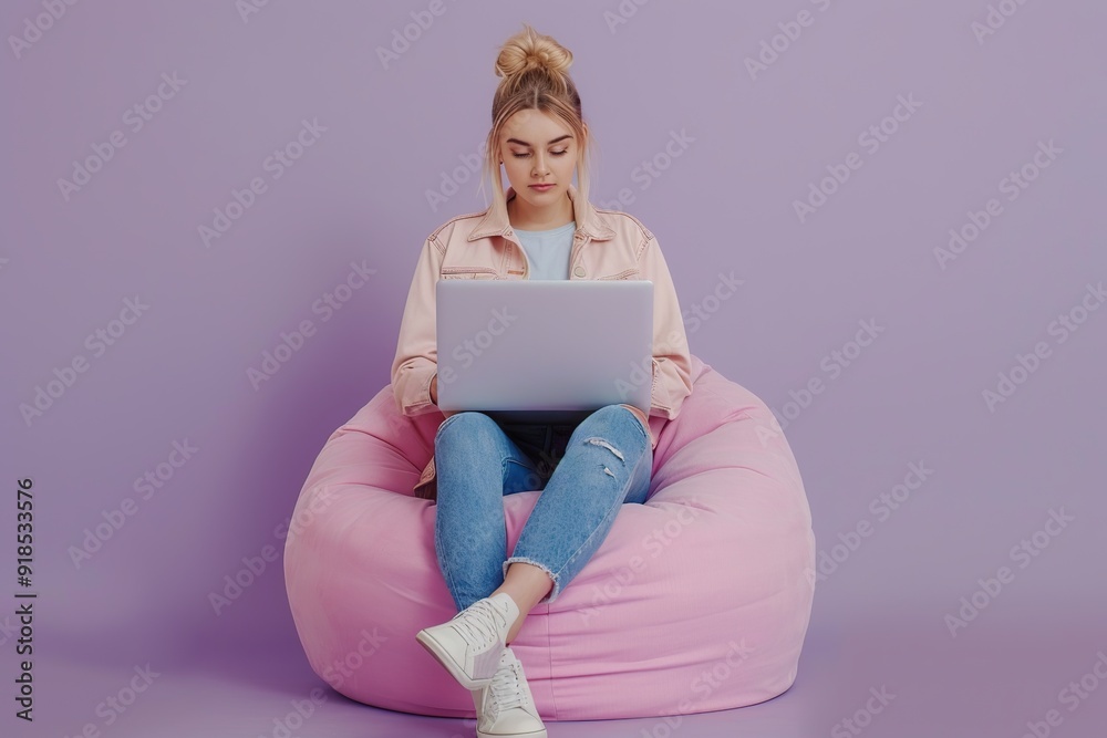 Happy smiling man sitting on comfortable beanbag chair and using laptop computer Happy smiling man sitting on comfortable beanbag chair and using laptop computer