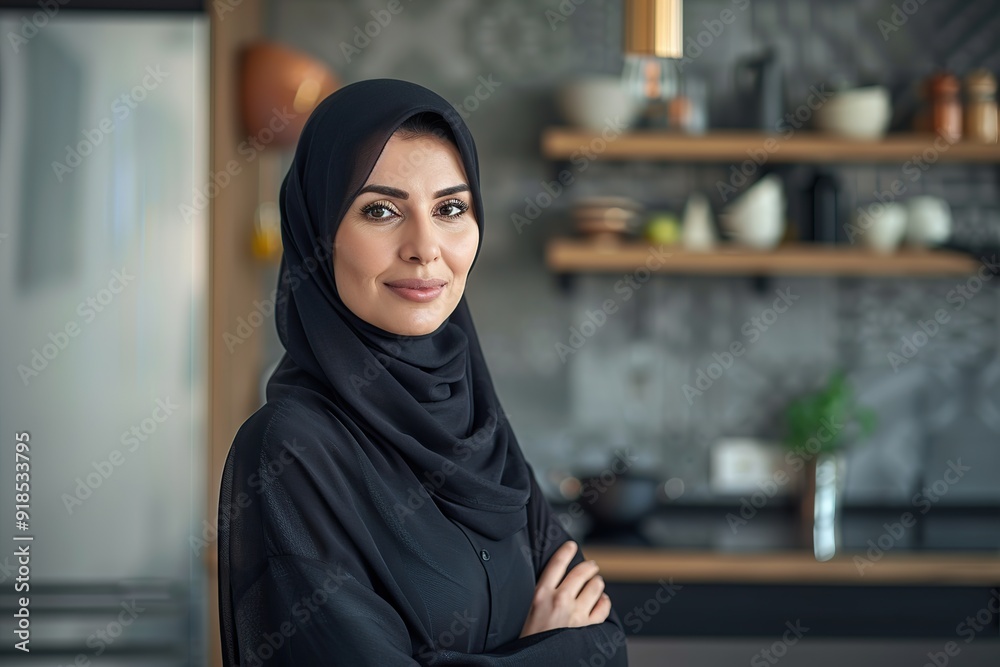 Portrait of young arabian girl in hijab on kitchen background. Muslim woman Portrait of young arabian girl in hijab on kitchen background. Muslim woman