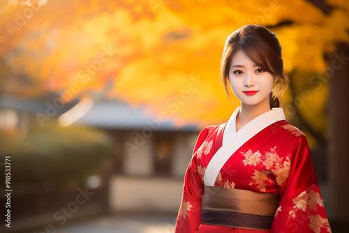 Teen pretty Japanese girl at outdoors wearing a kimono