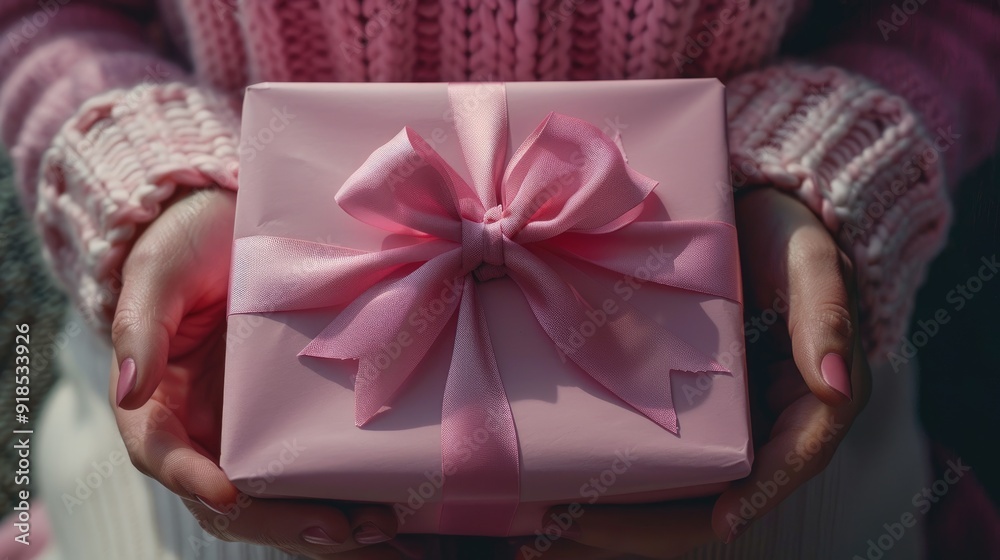 Overhead view of a woman holding a pink gift box with pink bow Overhead view of a woman holding a pink gift box with pink bow