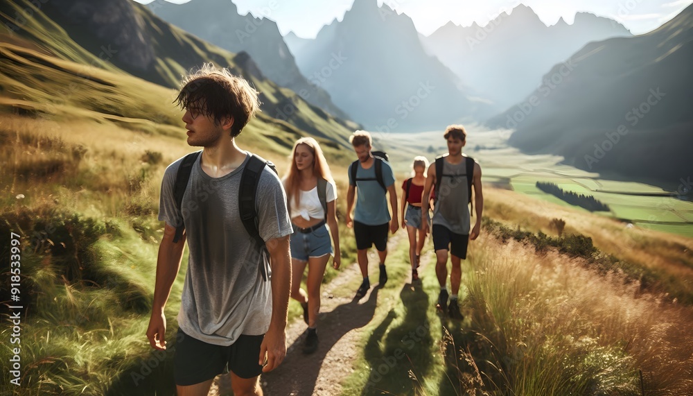 Fototapeta premium Group of people trekking in the mountains