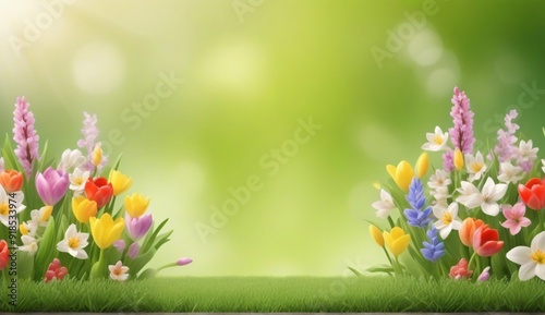 Colorful spring flowers blooming in lush green grass