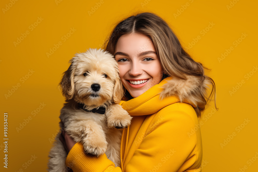 Young pretty blonde girl over isolated colorful background with a dog