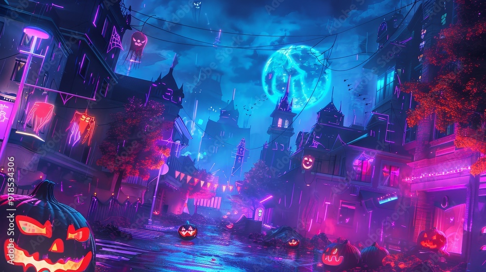 A spooky town is lit up with neon lights on a rainy Halloween night. The street is decorated with pumpkins and other spooky decorations. The full moon shines brightly in the sky. A spooky town is lit up with neon lights on a rainy Halloween night. The street is decorated with pumpkins and other spooky decorations. The full moon shines brightly in the sky.