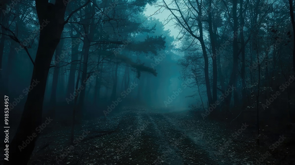 Fototapeta premium Dark foggy forest with a path through it at night, dramatic dark forest scenery