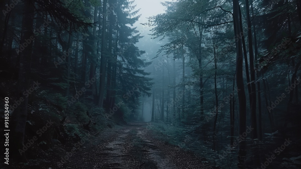 Fototapeta premium Dark foggy forest with a path through it at night, dramatic dark forest scenery