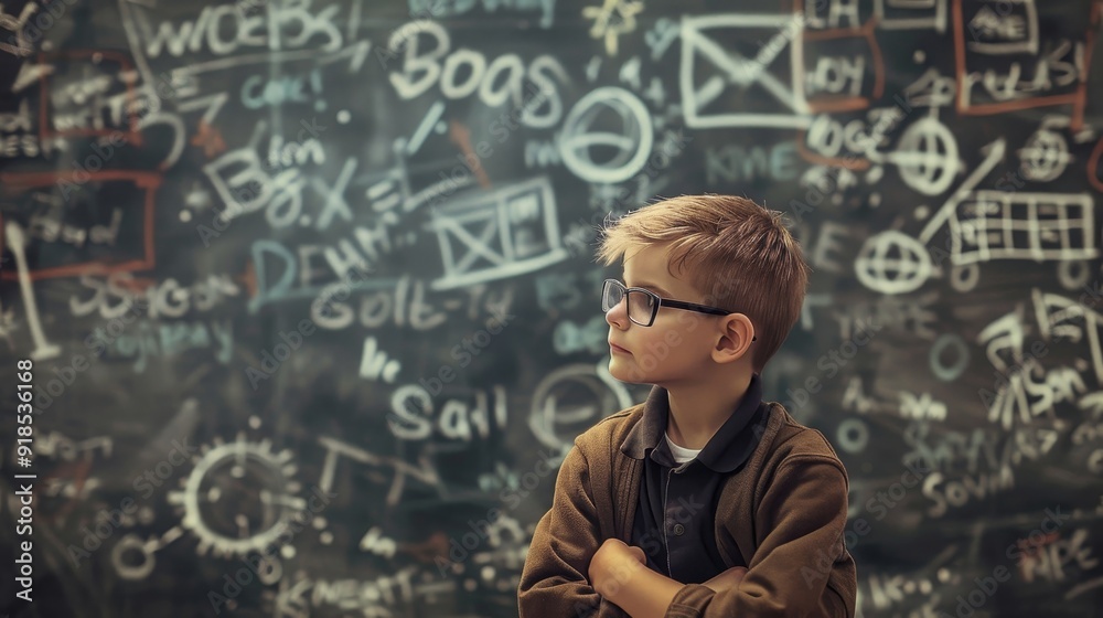 A young boy wearing glasses stands with arms crossed in front of a chalkboard filled with mathematical equations, contemplating a complex problem. A young boy wearing glasses stands with arms crossed in front of a chalkboard filled with mathematical equations, contemplating a complex problem.