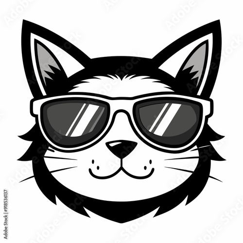 cat head is wearing a sunglass vector, Silhouette, illustration 