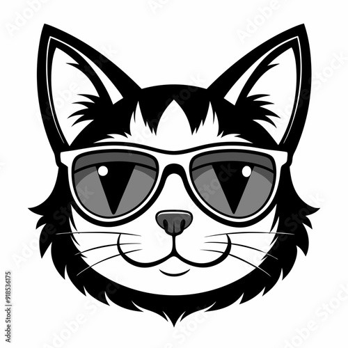 cat head is wearing a sunglass vector, Silhouette, illustration 