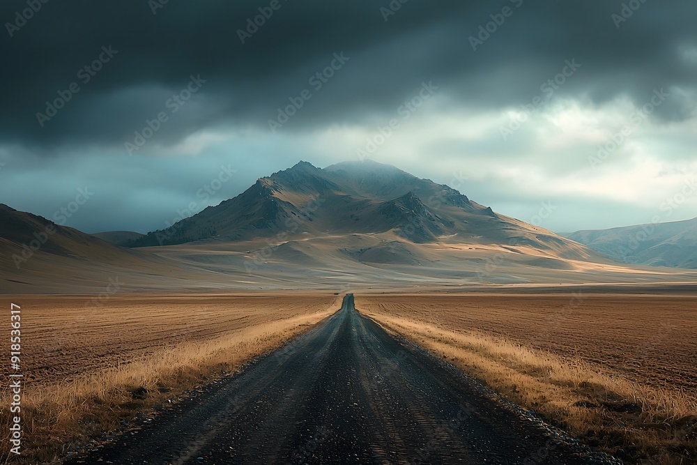 A lonely dirt road leads to a majestic mountain under a dramatic sky. A lonely dirt road leads to a majestic mountain under a dramatic sky.